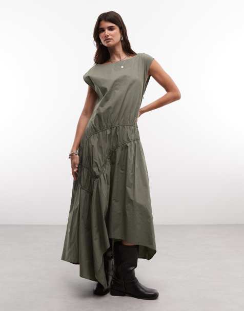 AllSaints Triana ruched ruffle midi dress in khaki - view 1