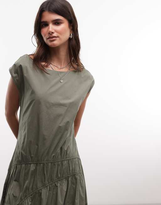 AllSaints Triana ruched ruffle midi dress in khaki, 2 of 4