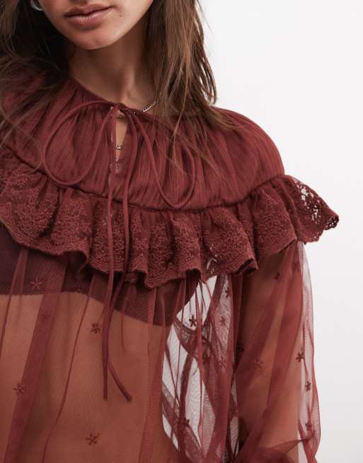 AllSaints Trixie Co-ord Langarm-Top mit Rüschen und Spitze in Burgunderrot, 3 von 4
