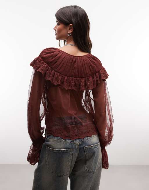 AllSaints Trixie co-ord long sleeve ruffle lace top in burgundy, 4 of 4