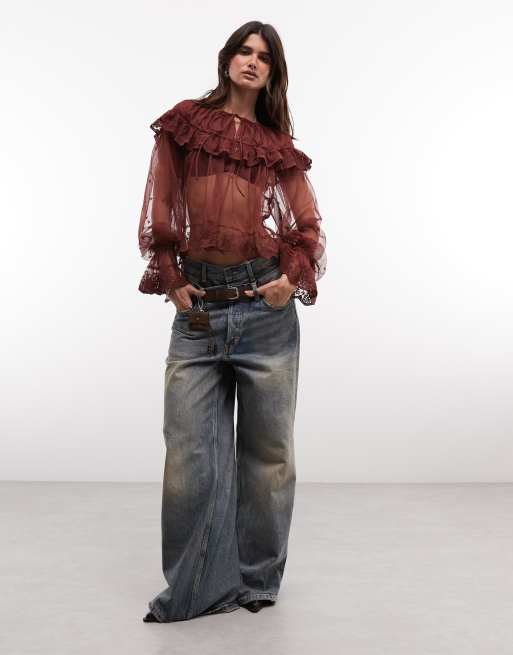 AllSaints Trixie ensemble 2 pièces top à manches longues en dentelle à volants bordeaux, 2 de 4