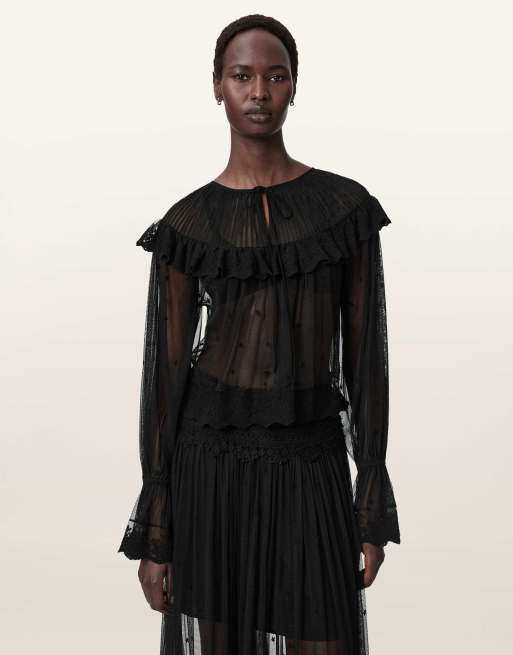 AllSaints – Trixie – Spitzen-Oberteil in Tiefschwarz, 3 von 6