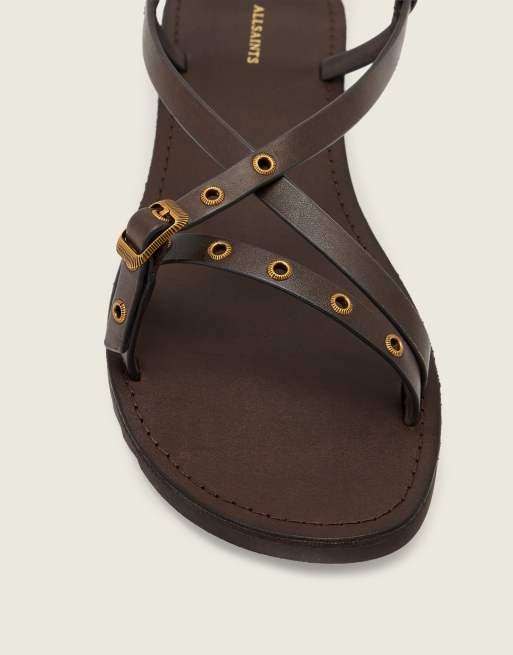 AllSaints Tyla wrap around eyelet detail leather sandals in dark brown, 3 of 4