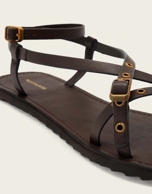 AllSaints Tyla wrap around eyelet detail leather sandals in dark brown, 4 of 4