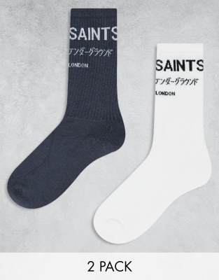AllSaints – Underground – 2er-Pack Socken in Aschblau/Weiß