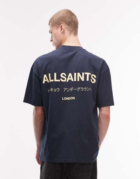 AllSaints - Underground - Blå T-shirt med gult logoprint på ryggen - view 1