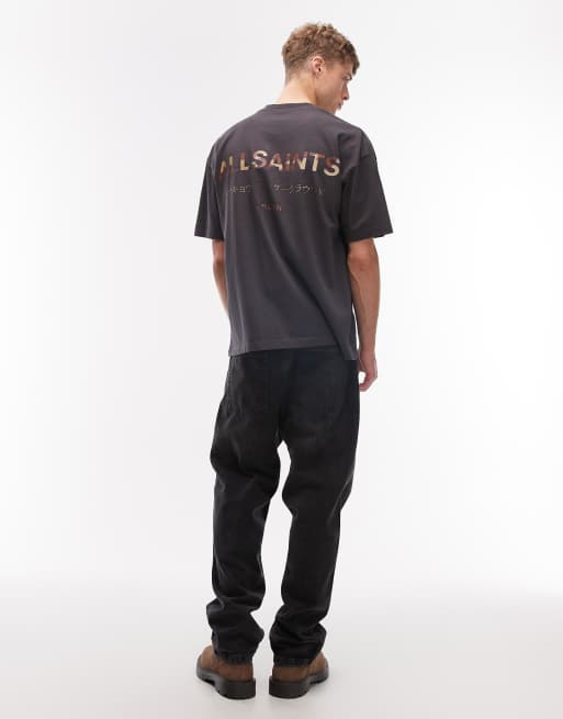 AllSaints Underground cow print logo t-shirt with back and chest print in washed black, 2 of 5