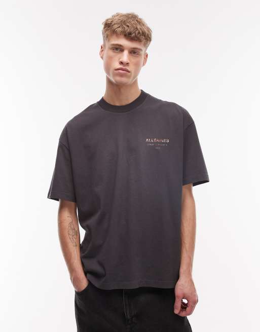 AllSaints Underground cow print logo t-shirt with back and chest print in washed black, 3 of 5