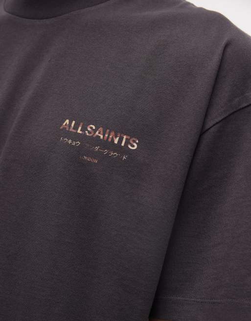 AllSaints Underground cow print logo t-shirt with back and chest print in washed black, 5 of 5