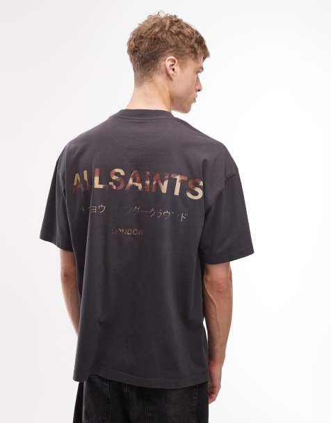 AllSaints Underground cow print logo t-shirt with back print in washed black - view 1