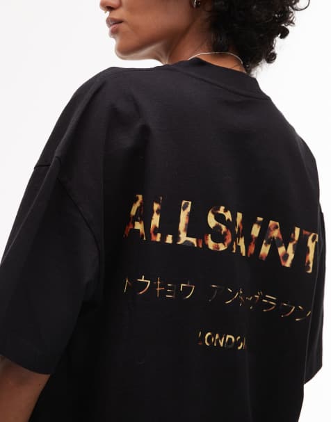 AllSaints – Underground – Czarny T-shirt oversize z nadrukiem w panterkę - view 1