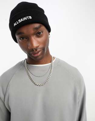 AllSaints Underground embroidered logo knit skull cap beanie in black - ASOS Price Checker