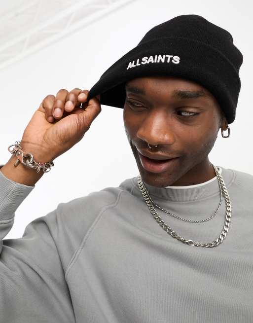 Embroidered Beanie All Saints Mens Beanie Luxery Black Silver Rock