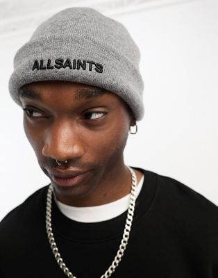 AllSaints Underground embroidered logo knit skull cap beanie in grey - ASOS Price Checker