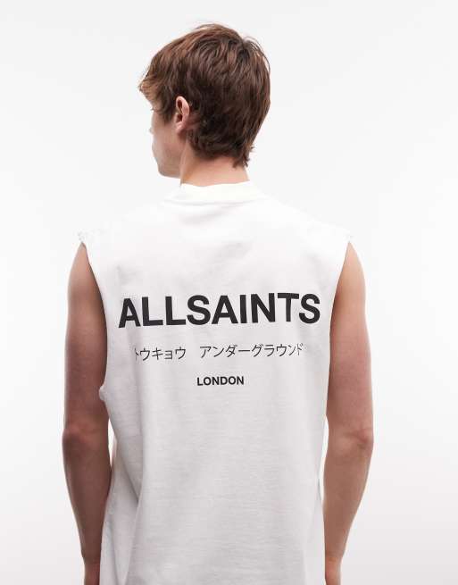 AllSaints Underground graphic logo sleeveless singlet top with back print in white, 3 of 5