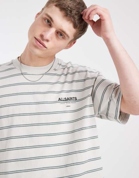AllSaints – Underground – Jasnoszary T-shirt oversize w paski - view 1