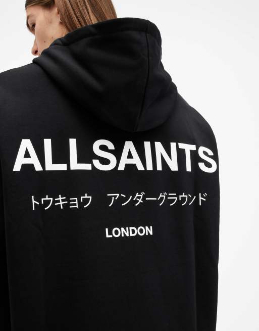 AllSaints – Underground – Kapuzenjacke in Tiefschwarz mit Reißverschluss