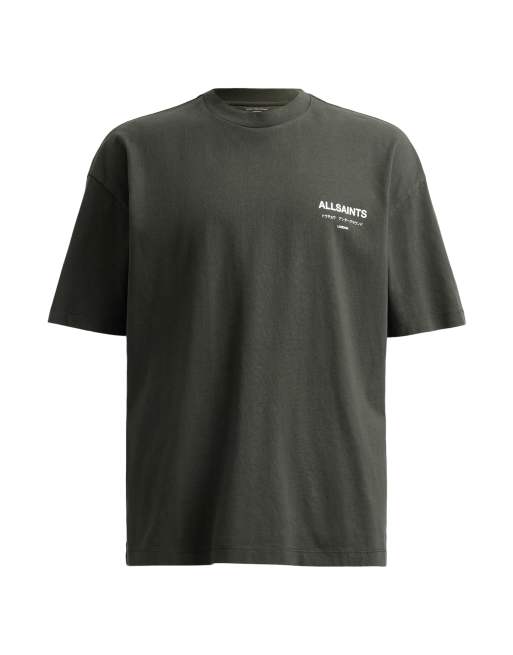 AllSaints – Underground – Kurzärmliges T-Shirt in Gutshof-Grün mit Rundhalsausschnitt