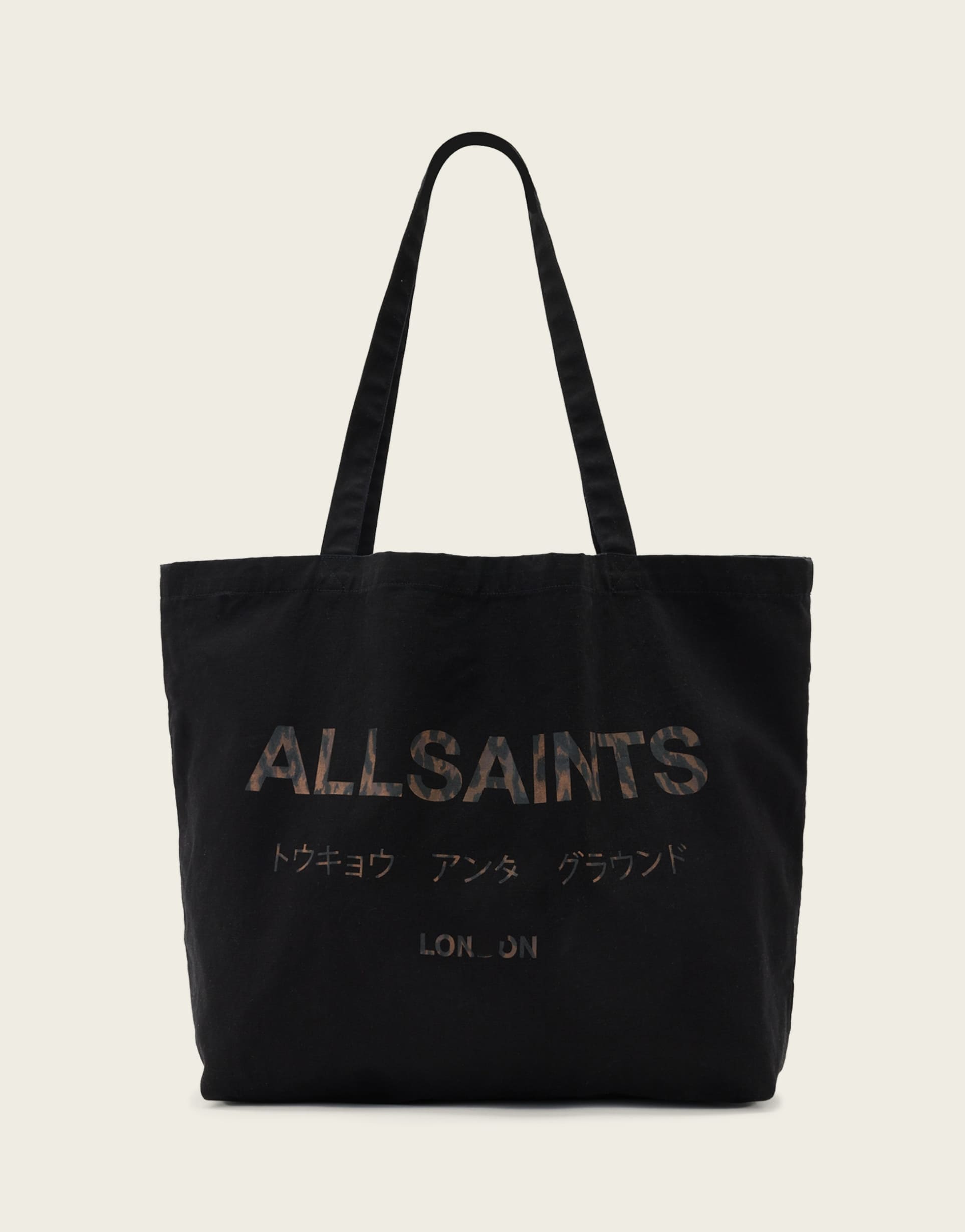 allsaints underground leopard logo shopper tote bag in black
