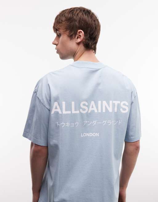 AllSaints – Underground – Ljusblå t-shirt med logga och tryck baktill, 3 av 5