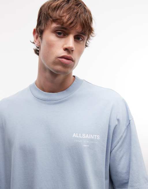AllSaints – Underground – Ljusblå t-shirt med logga och tryck baktill, 5 av 5