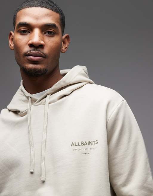 AllSaints Underground logo hoodiewith back print in sand, 5 of 5