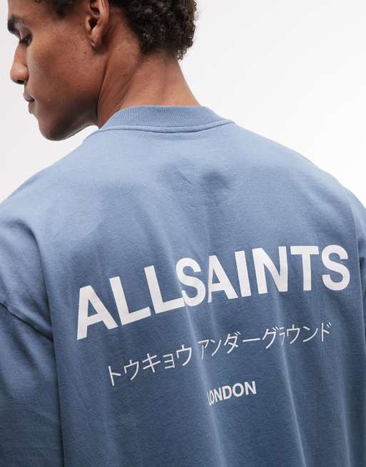 AllSaints – Underground – Mellanblå t-shirt med logga och tryck baktill, 3 av 5