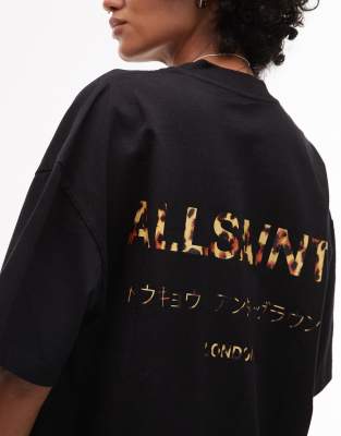 AllSaints - Underground - Oversize-T-Shirt in Schwarz mit Leoparden-Muster