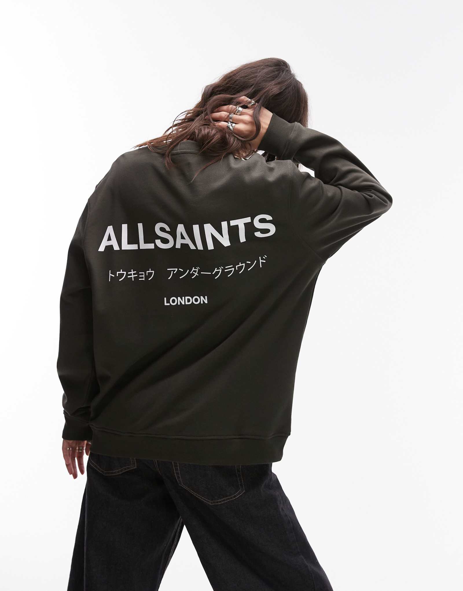 Толстовка оверсайз от AllSaints Underground темно-зеленого цвета