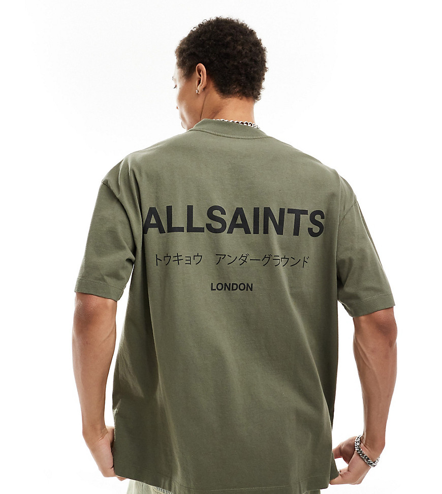 AllSaints Underground oversized t-shirt in khaki exclusive to asos-Green