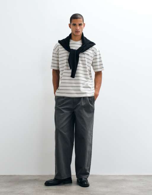 AllSaints Underground oversized T-shirt in light gray stripe, 4 of 5