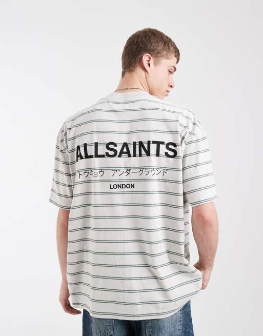 AllSaints Underground oversized t-shirt in light grey stripe | ASOS