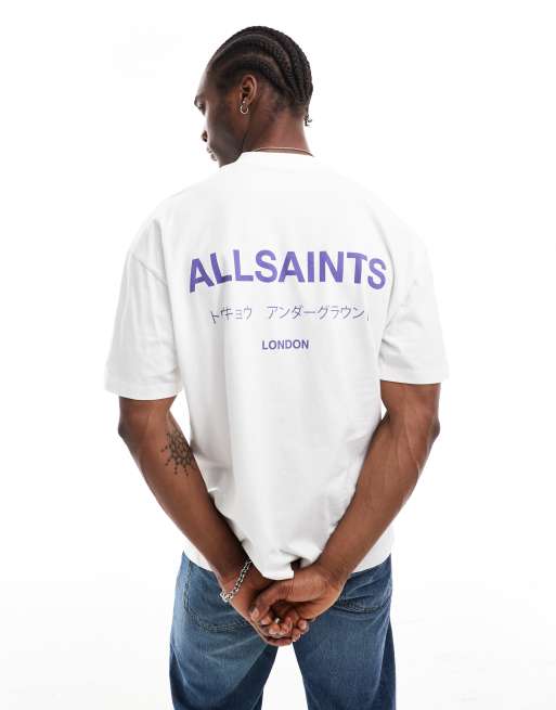 AllSaints Underground oversized t-shirt in white and purple