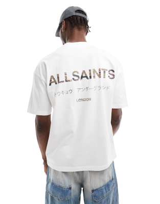 allsaints underground oversized t shirt in white camo