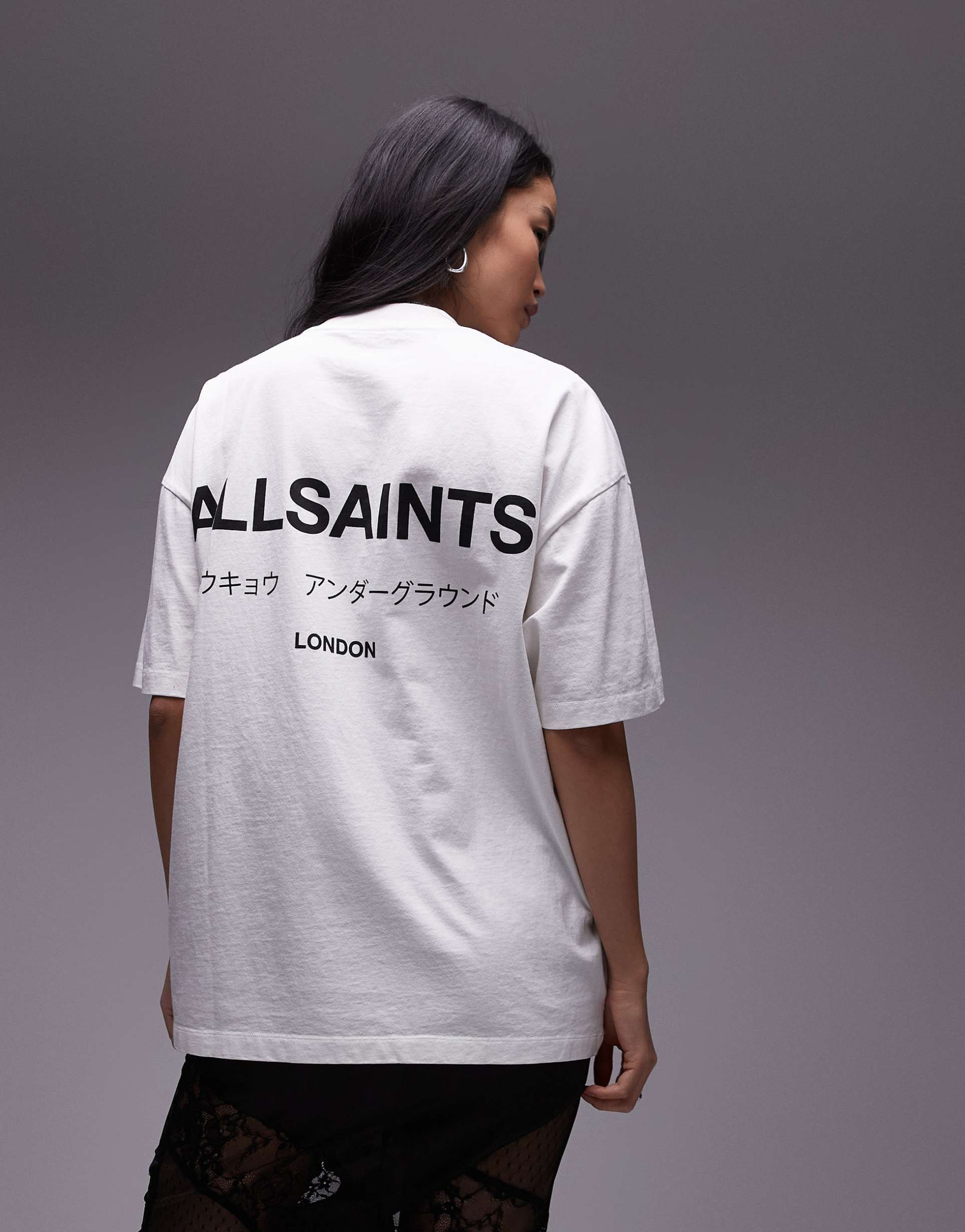 allsaints underground oversized t-shirt with back logo in white