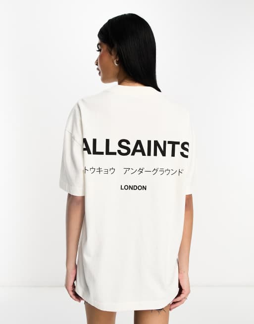 Allsaints Underground Oversized T Shirt With Back Logo In White Asos