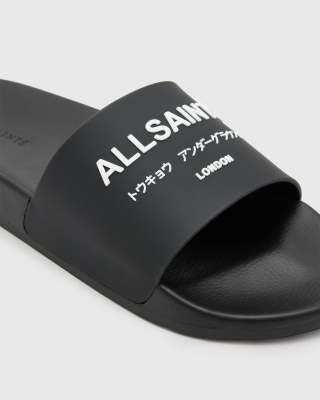 Allsaints Underground Logo Slip On Slides In Black