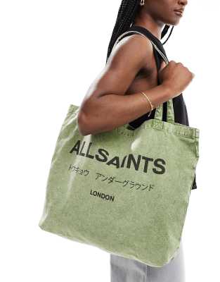 AllSaints Underground shopper tote in green exclusive to asos