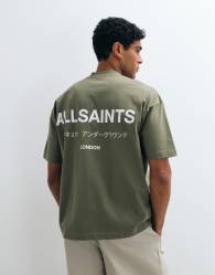 AllSaints Underground short sleeve graphic logo t-shirt with back print in dark green