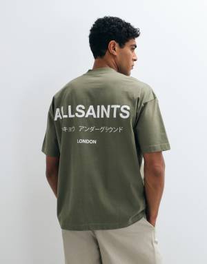 AllSaints Underground short sleeve graphic logo t-shirt with back print in dark green