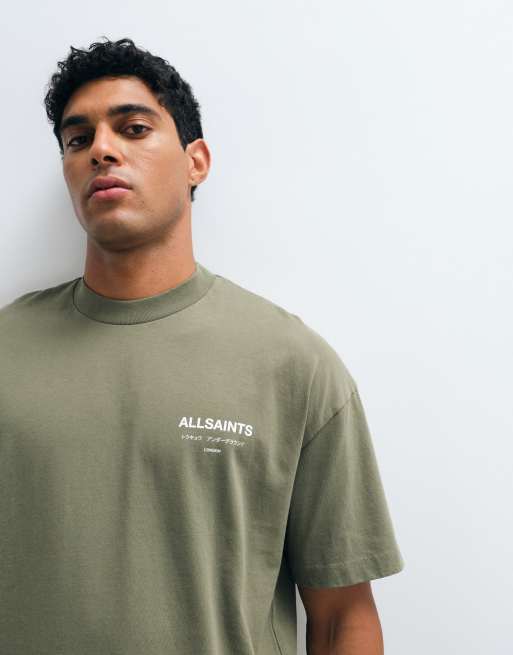 AllSaints Underground short sleeve graphic logo t-shirt with back print in dark green, 2 of 5