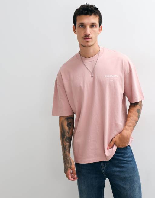 AllSaints Underground short sleeve graphic logo t-shirt with back print in pink, 2 of 5