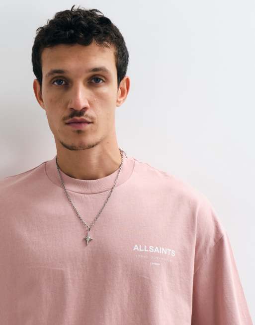 AllSaints Underground short sleeve graphic logo t-shirt with back print in pink, 3 of 5