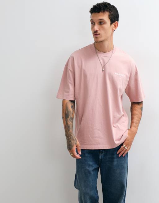AllSaints Underground short sleeve graphic logo t-shirt with back print in pink, 5 of 5
