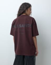 AllSaints Underground short sleeve leopard graphic logo t-shirt with back print in burgundy
