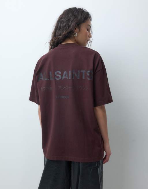 AllSaints Underground short sleeve leopard graphic logo t-shirt with back print in burgundy, 3 of 4