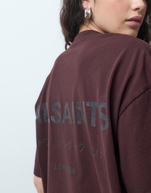 AllSaints Underground short sleeve leopard graphic logo t-shirt with back print in burgundy, 4 of 4