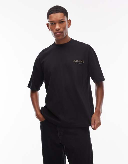 AllSaints - Underground - Sort T-shirt med logo med leopardmønster