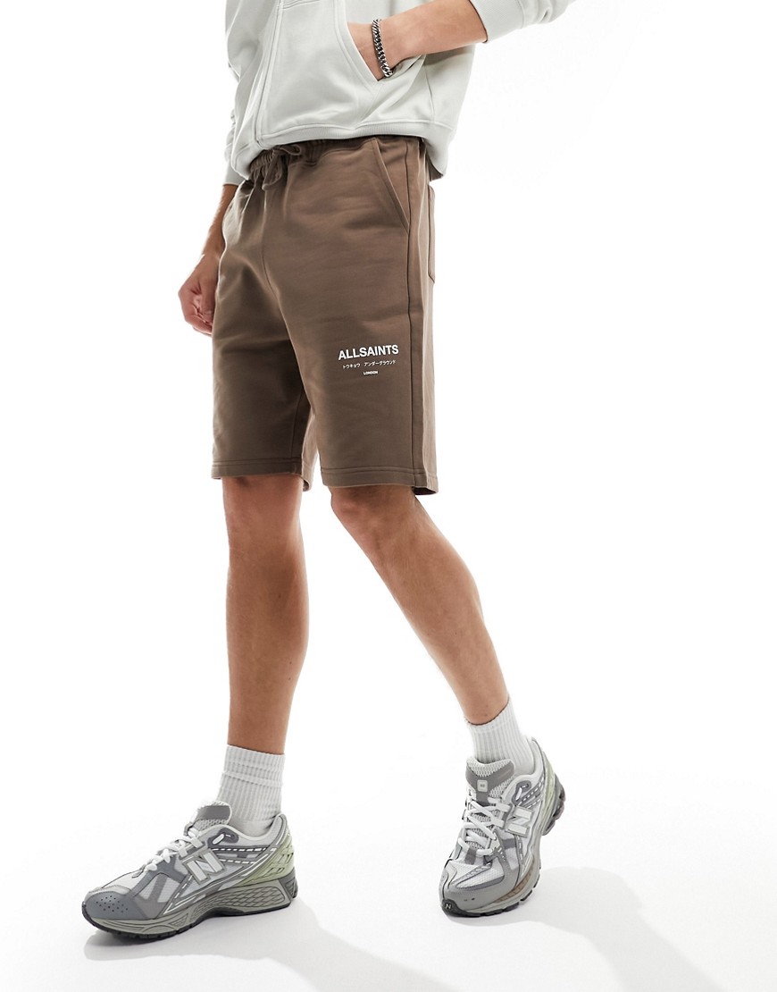 AllSaints Underground sweat shorts in brown exclusive to asos
