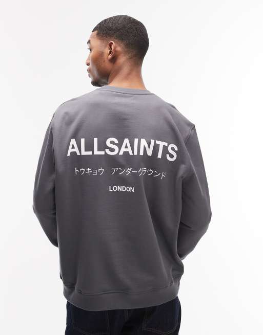 AllSaints – Underground – Sweatshirt in Blau mit Rundhalsausschnitt, Logo und Rückenprint, 3 von 5